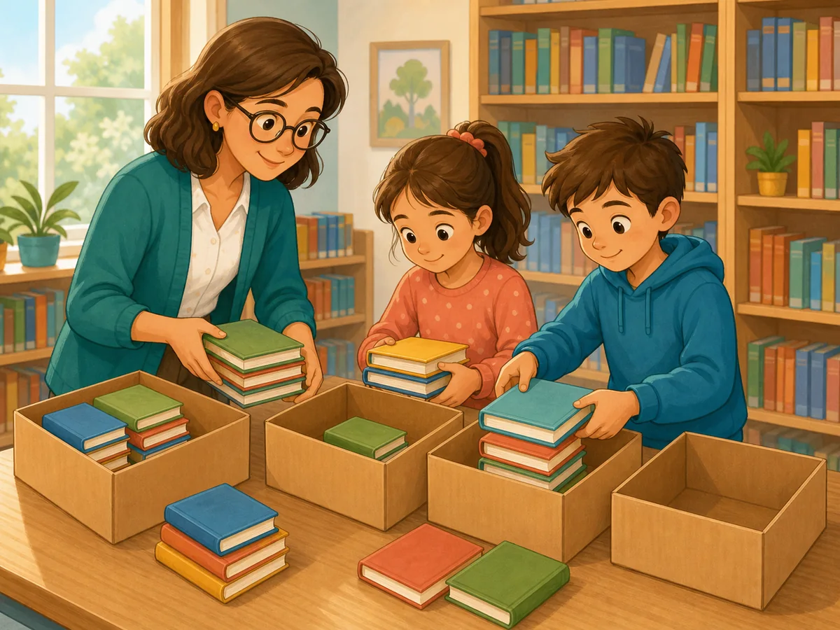 Bibliotecaria y escolares agrupan libros en cajas y dejan algunos libros por colocar