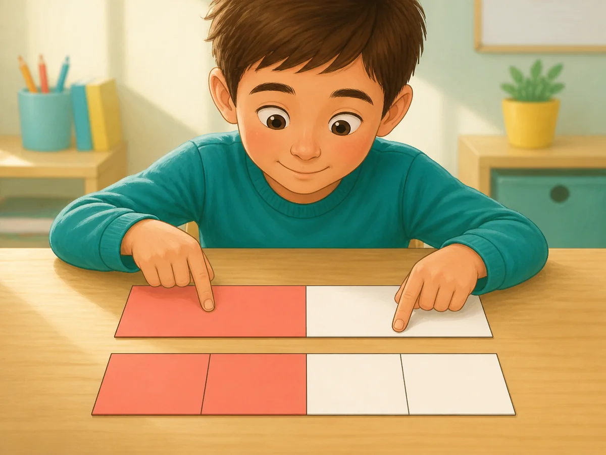 Escolar compara una de dos partes coloreada con dos de cuatro partes coloreadas