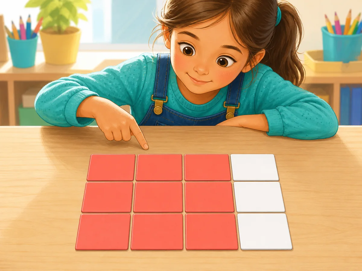 Nueve de doce fichas cuadradas coloreadas en una cuadrícula de tres por cuatro
