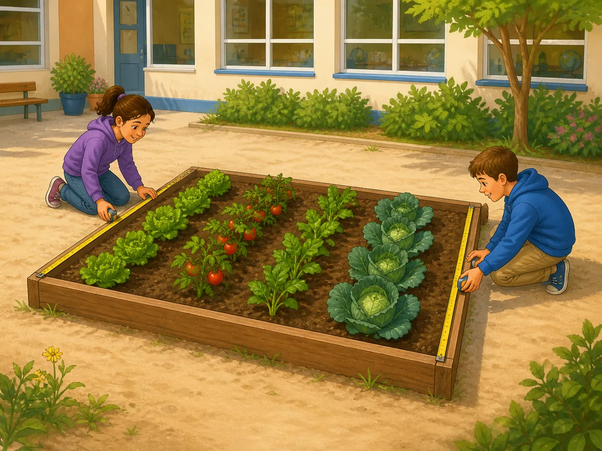 Dos escolares miden los lados de un huerto rectangular para calcular su área