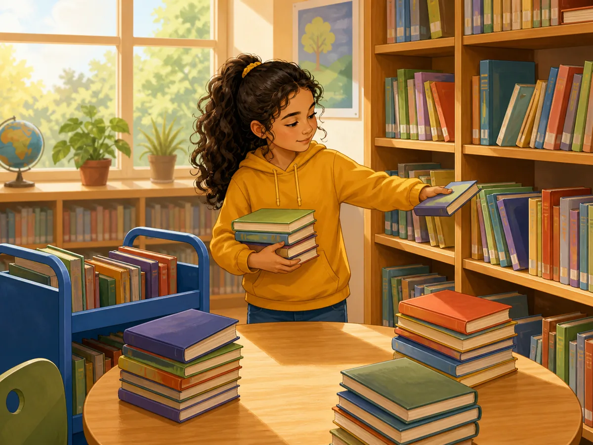 Alumna organizando libros en la biblioteca escolar