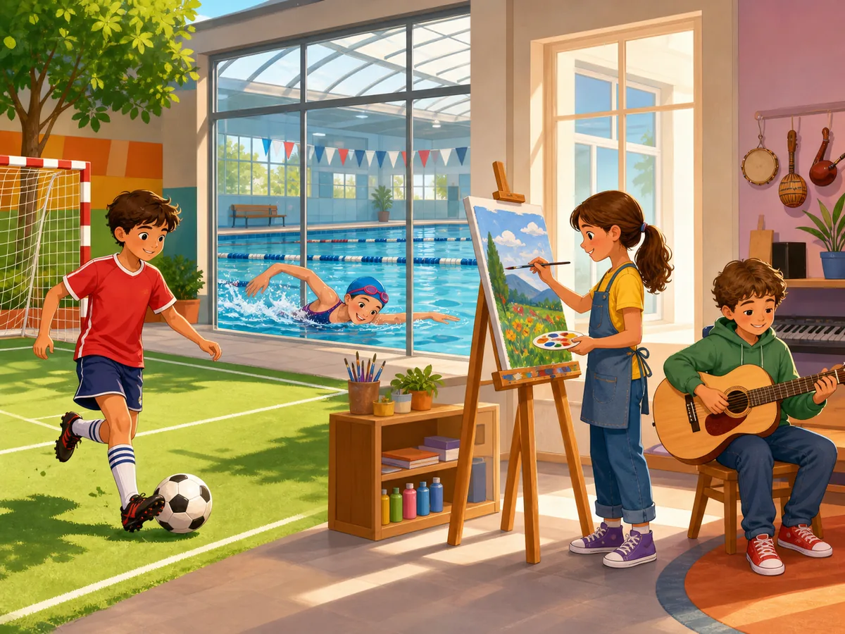 Students playing football, swimming, painting and playing the guitar at school