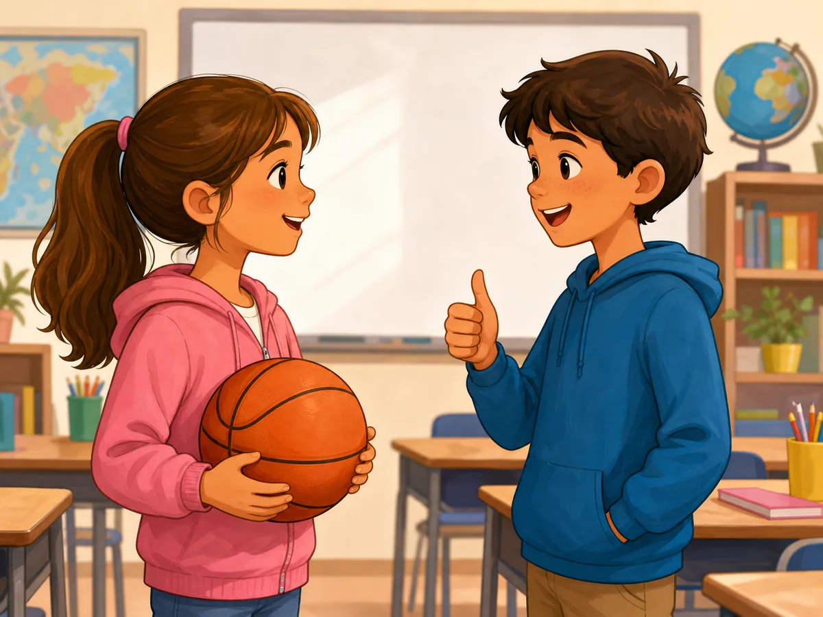 Dos estudiantes conversando sobre baloncesto en el aula