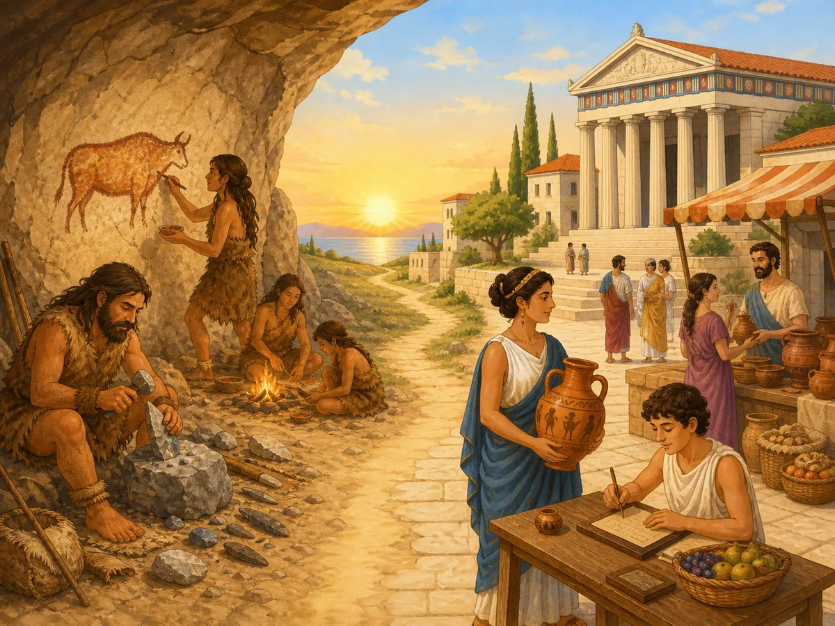 Comparación entre una comunidad prehistórica y una ciudad de la Edad Antigua con escritura, templo y ánforas