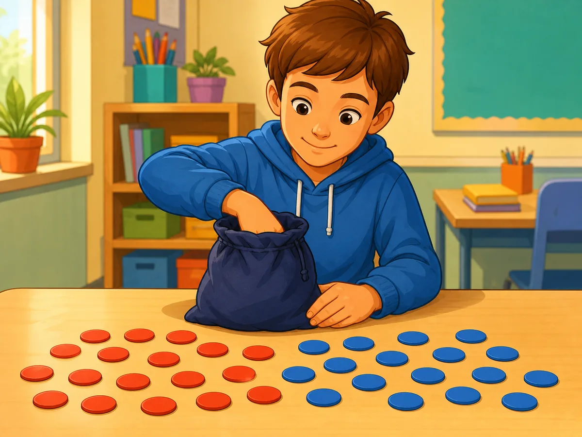 Alumno realizando un experimento de azar con una bolsa y fichas de colores