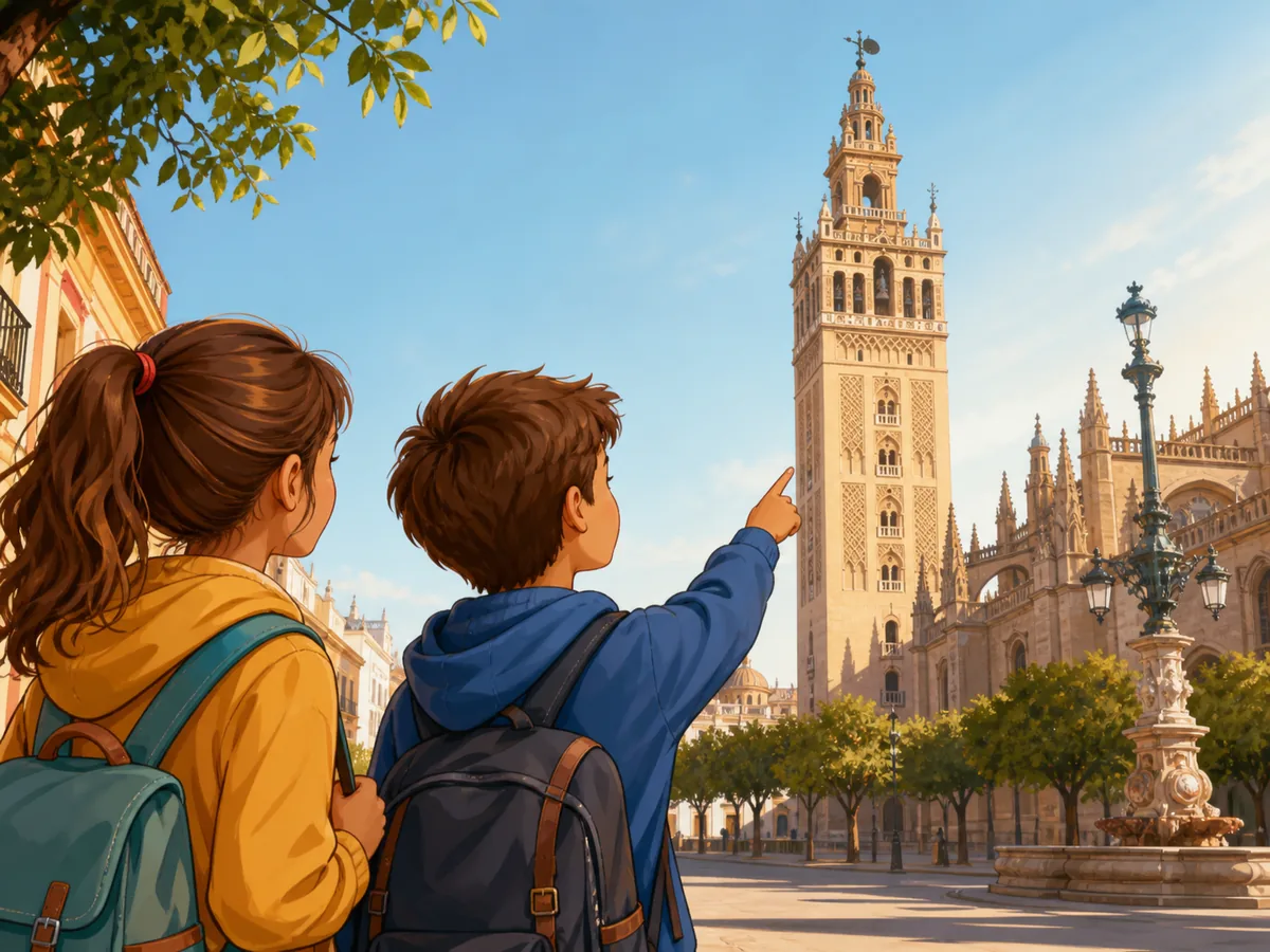 Dos estudiantes observando la Giralda durante una visita a Sevilla