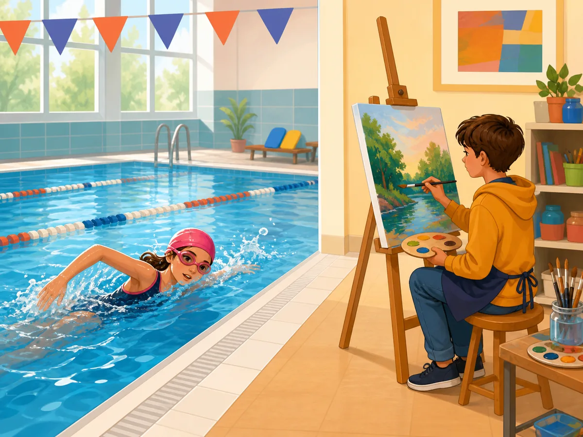 Estudiantes practicando natación y pintura como actividades de tiempo libre