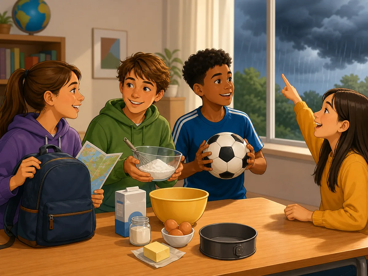Students planning travel, baking a cake, playing football and predicting rain