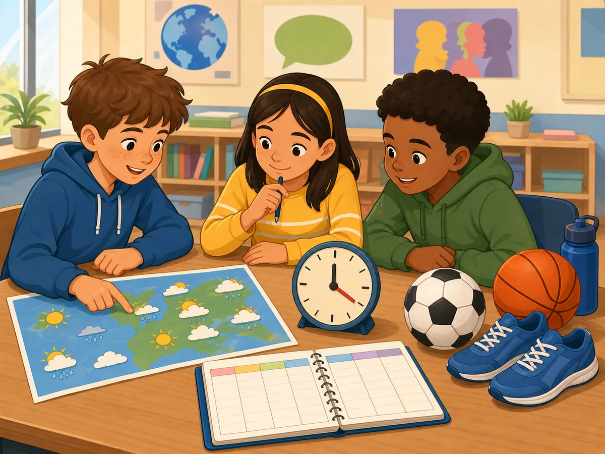 Tres estudiantes repasando el tiempo, la hora, deportes y una agenda semanal