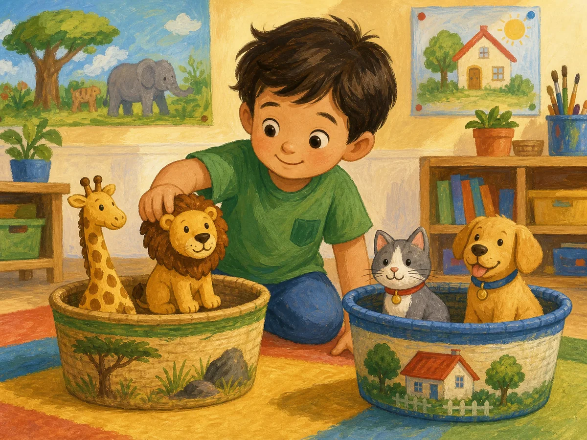 Niño separando animales salvajes y domésticos en dos cestas