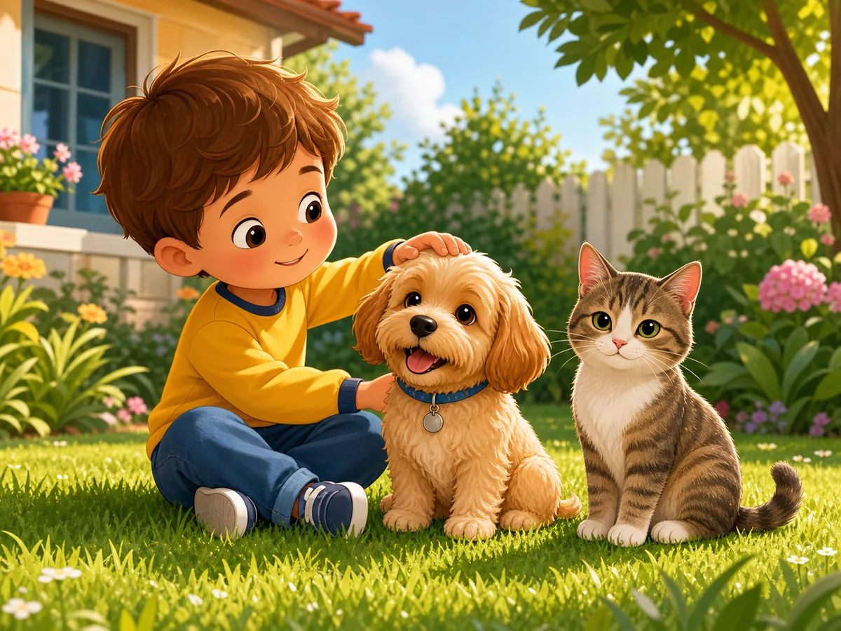 Ni&ntilde;o con un perro y un gato en el jard&iacute;n de casa