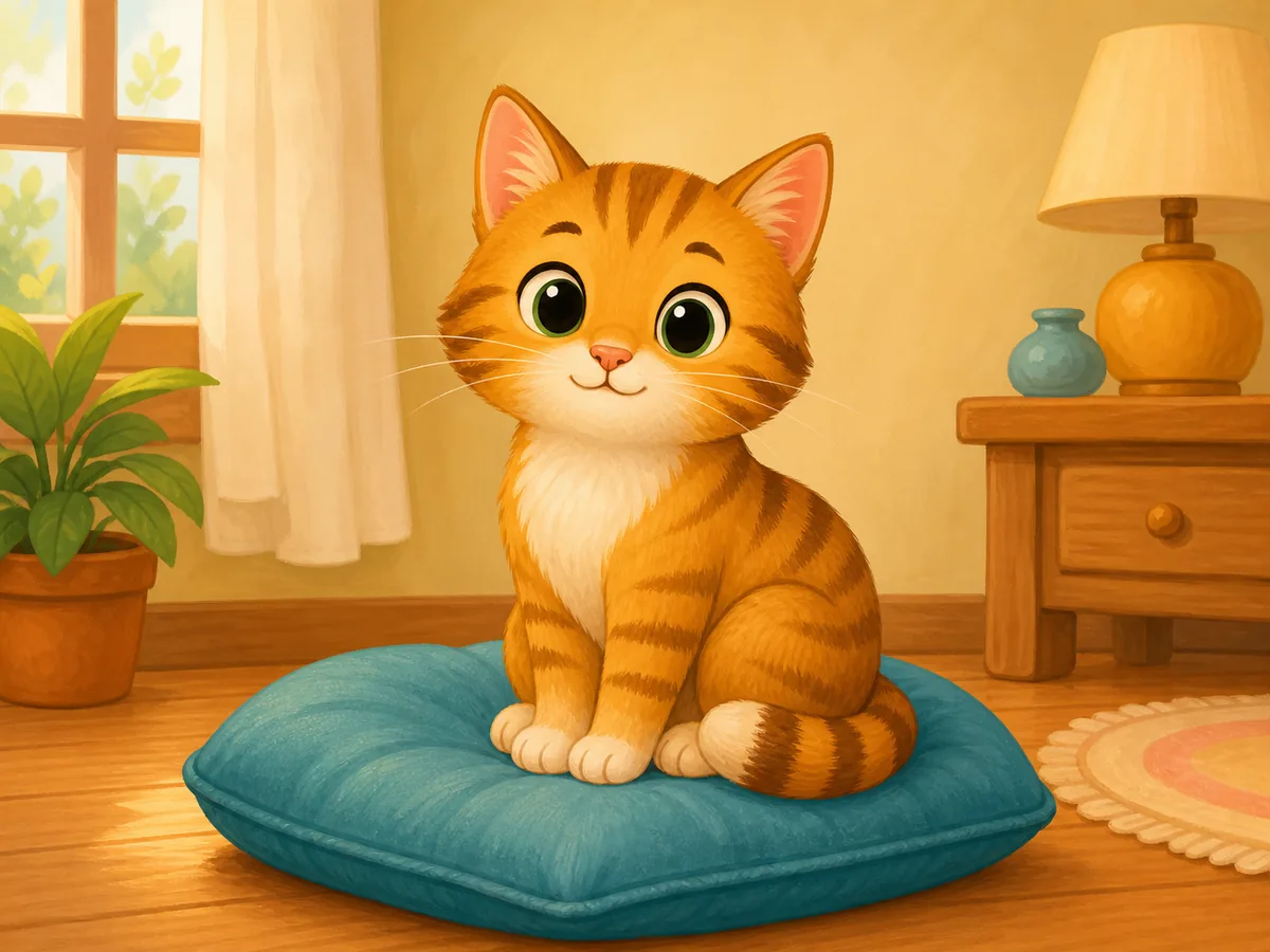 Gato sentado en su coj&iacute;n dentro de casa