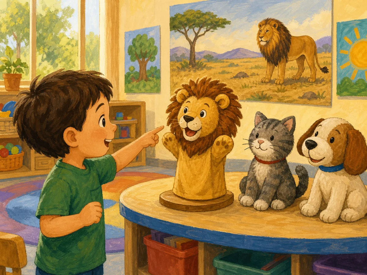 Niño señalando un león de juguete en el aula