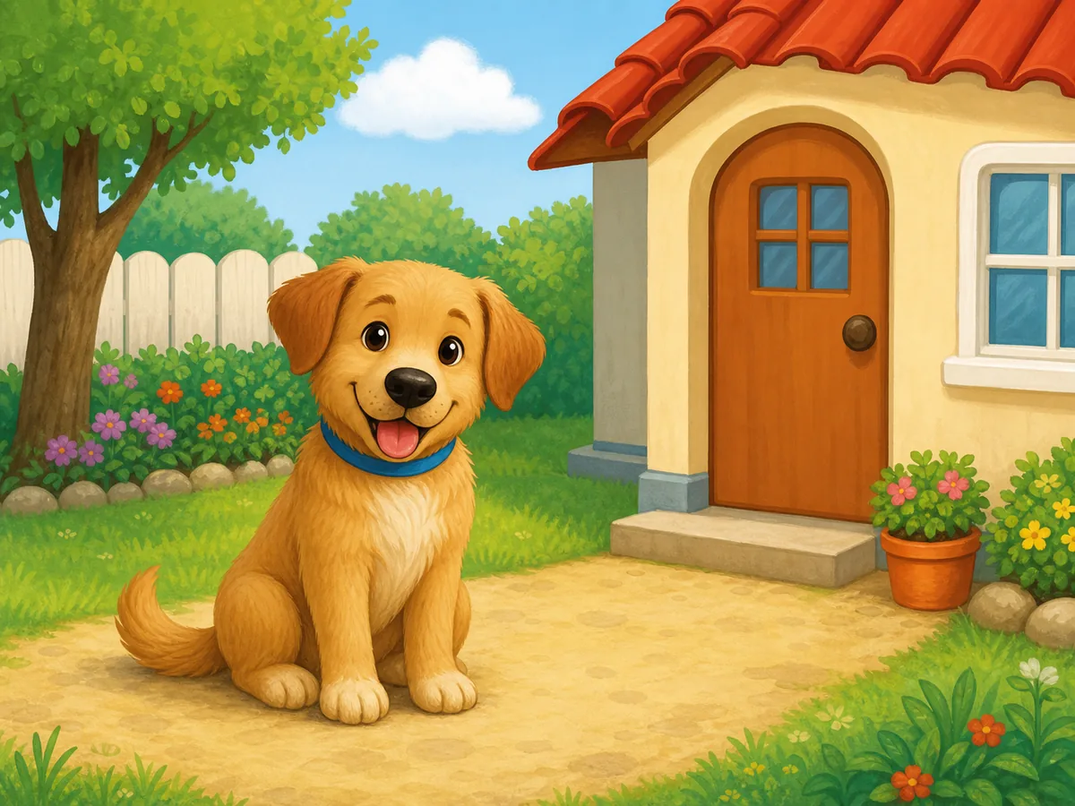Perro sentado junto a una casa