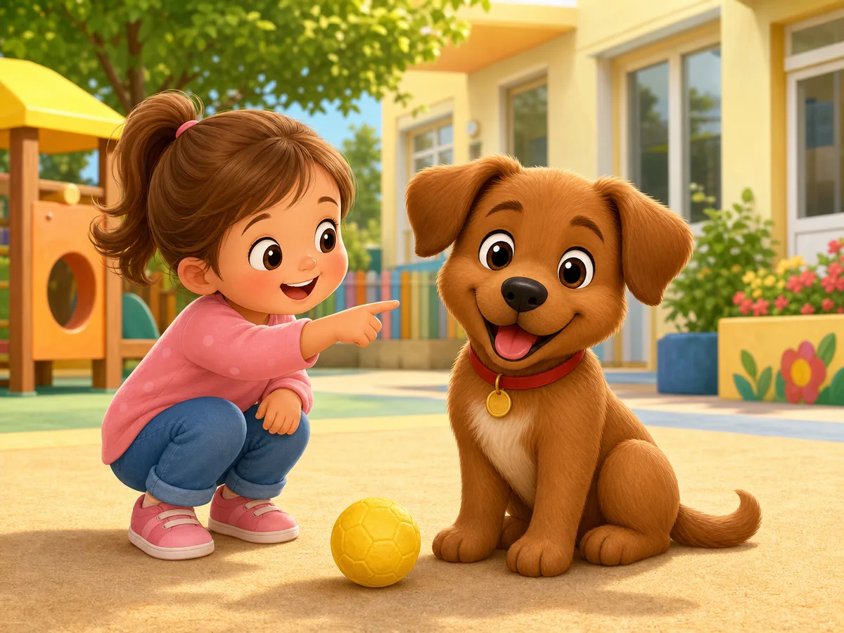 Nina senalando un perro amistoso en el patio de una escuela