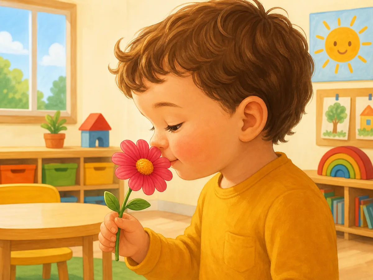 Ni&ntilde;o oliendo una flor con su nariz