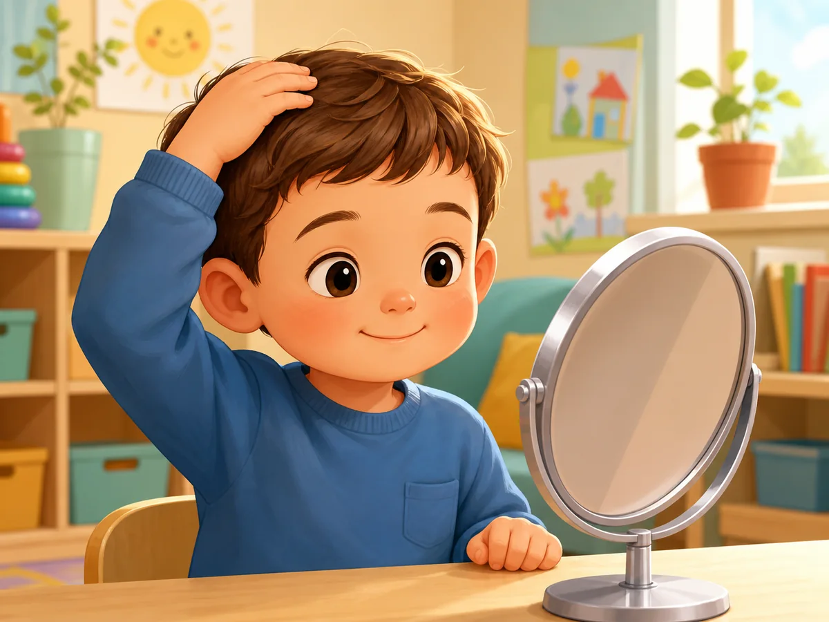 Ni&ntilde;o tocando su cabeza delante de un espejo