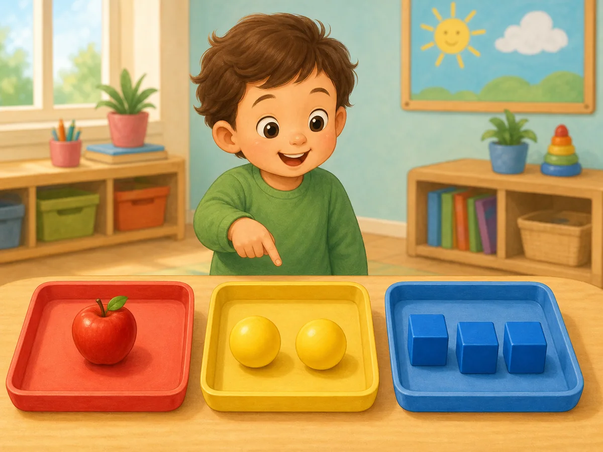 Nino mirando una manzana, dos pelotas y tres bloques