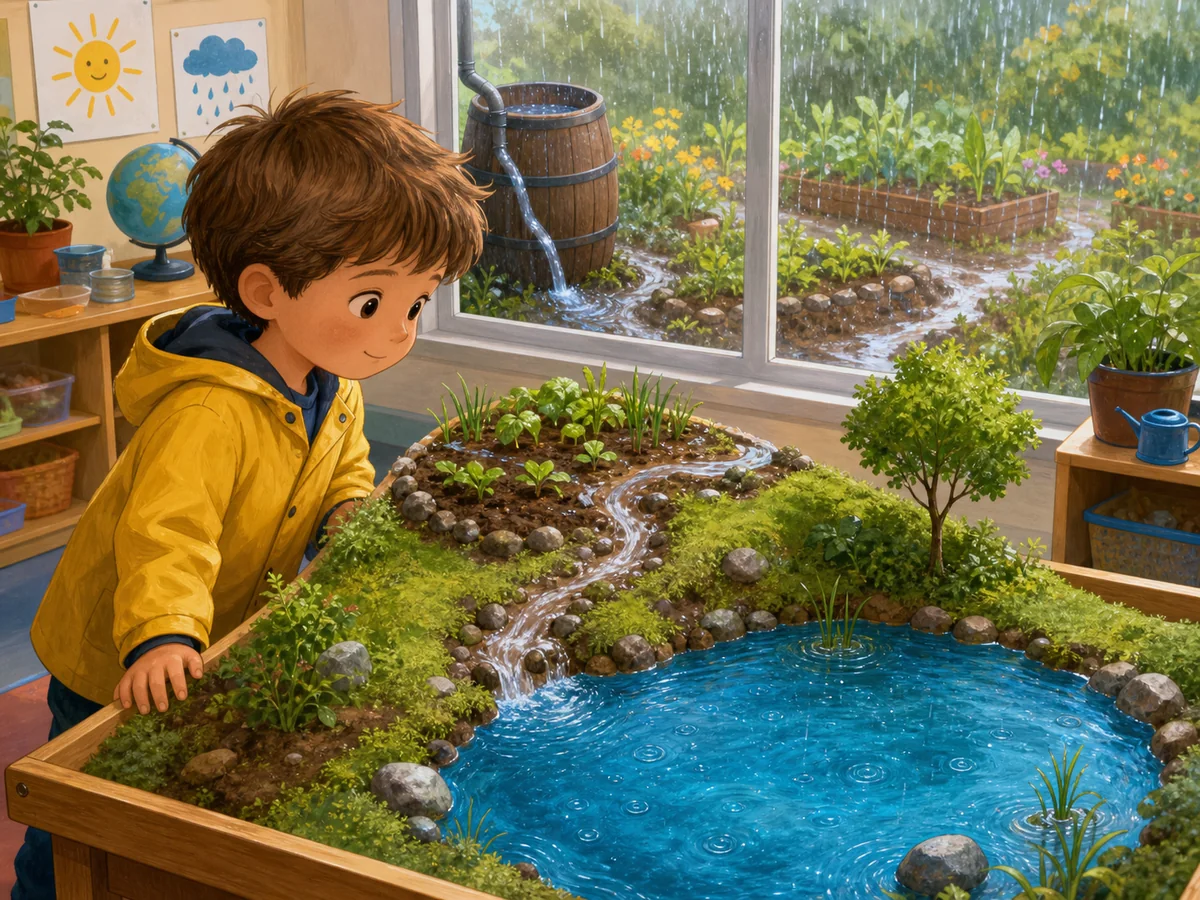 Nino observa el agua de la lluvia llegar a un estanque