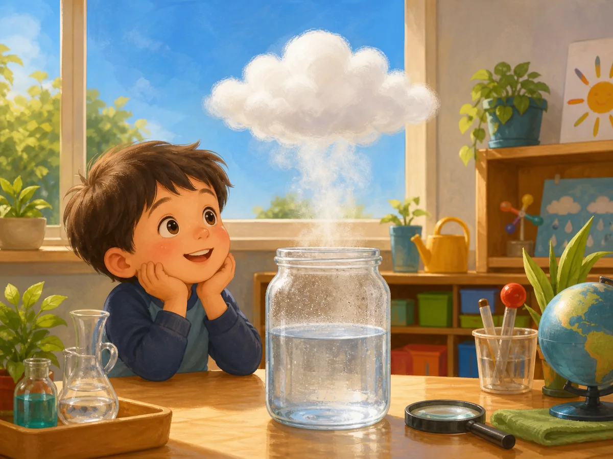 Nino observa una nube formandose sobre un recipiente con agua