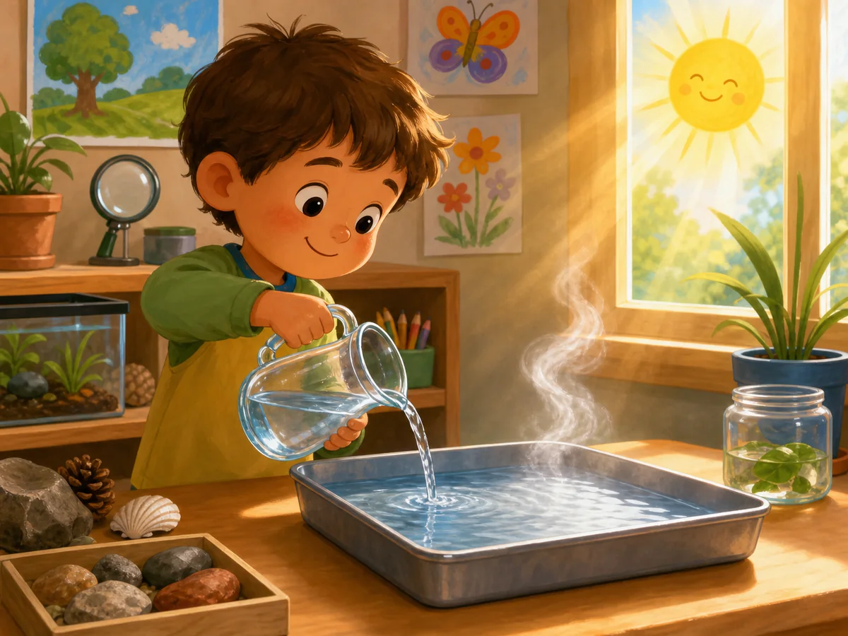 Nino observa como el agua se convierte en vapor con el calor del sol