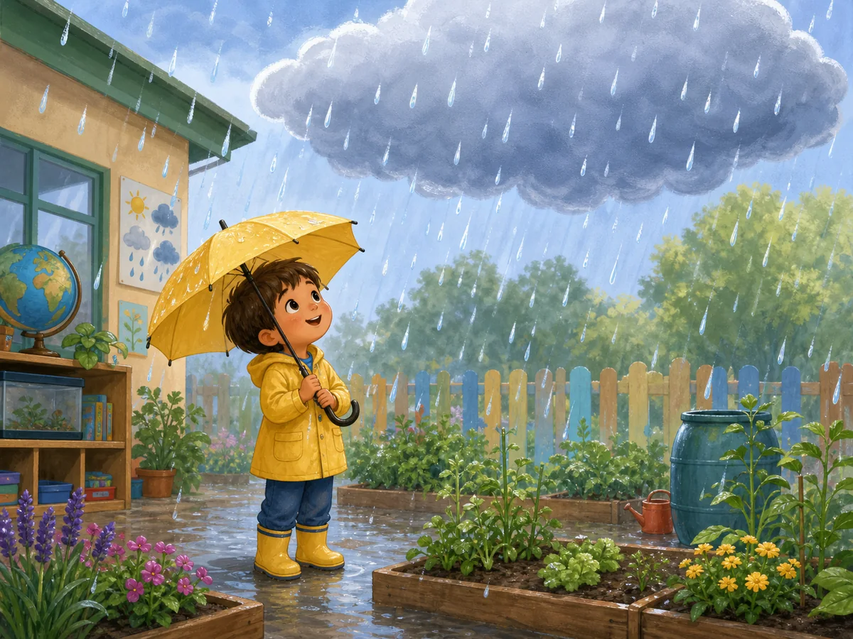 Nino observa la lluvia caer sobre el jardin de la escuela