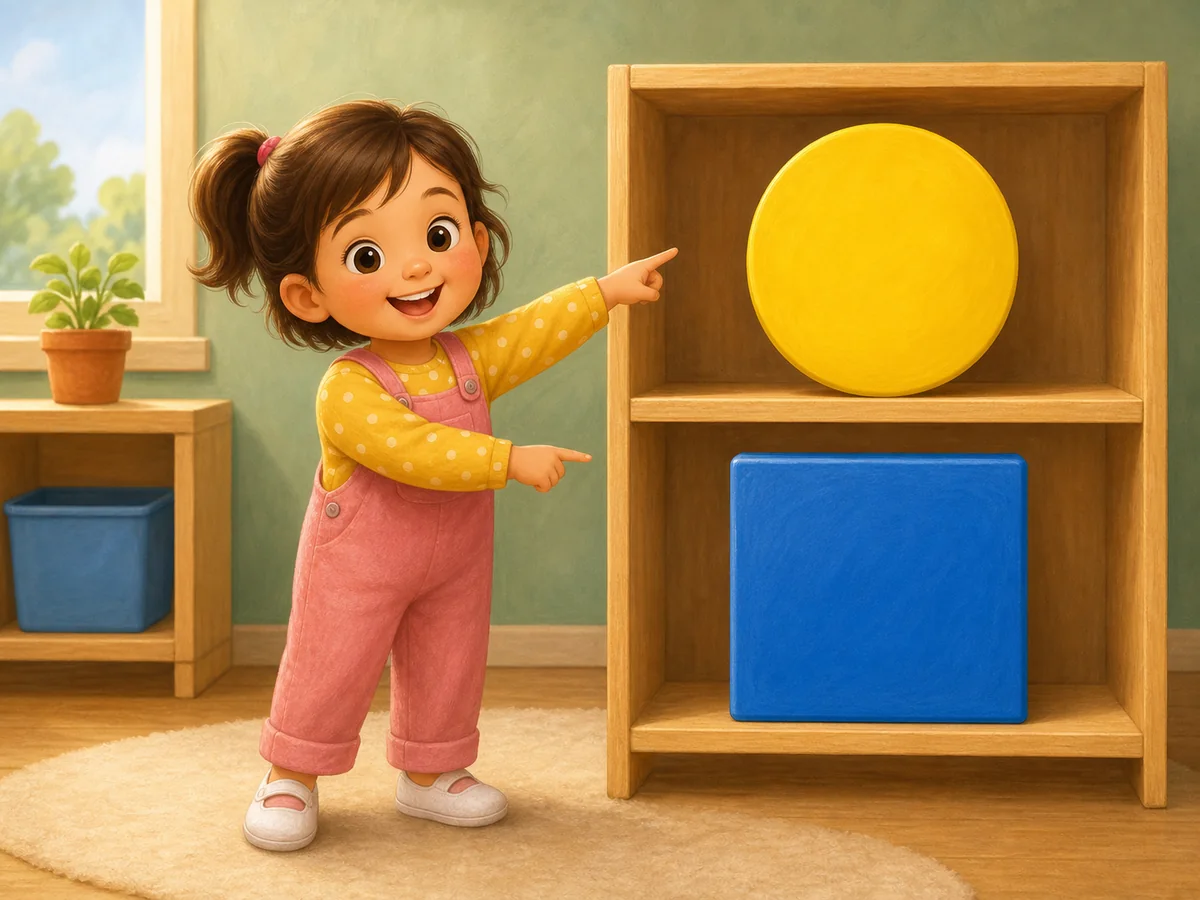 Nina senalando un circulo amarillo y un cuadrado azul