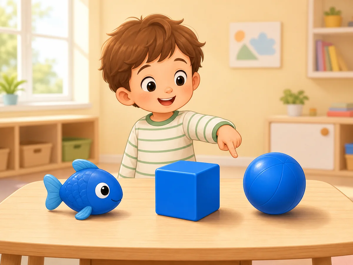 Nino senalando un pez, un cubo y una pelota azules