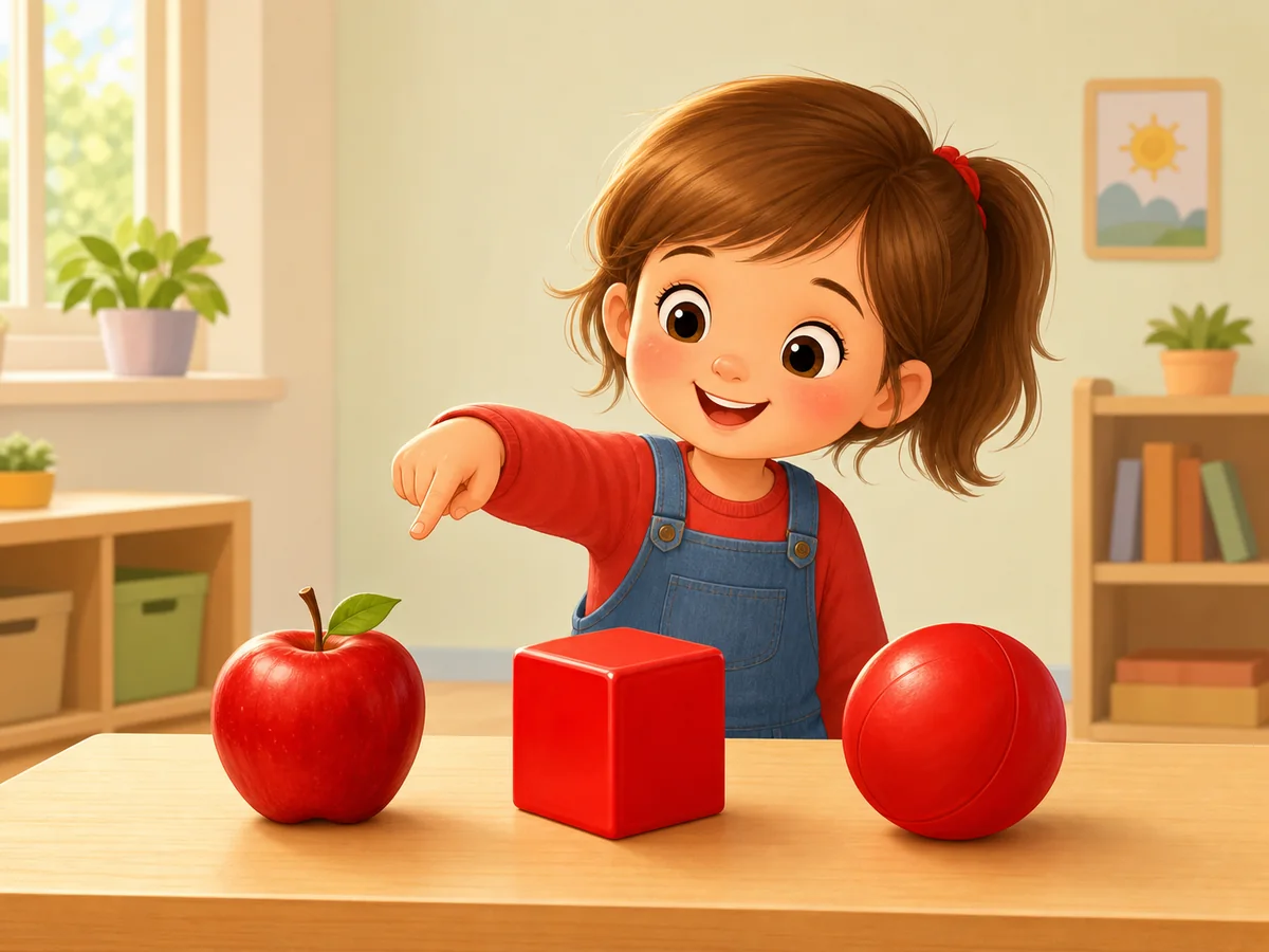 Nina senalando una manzana, un cubo y una pelota rojos