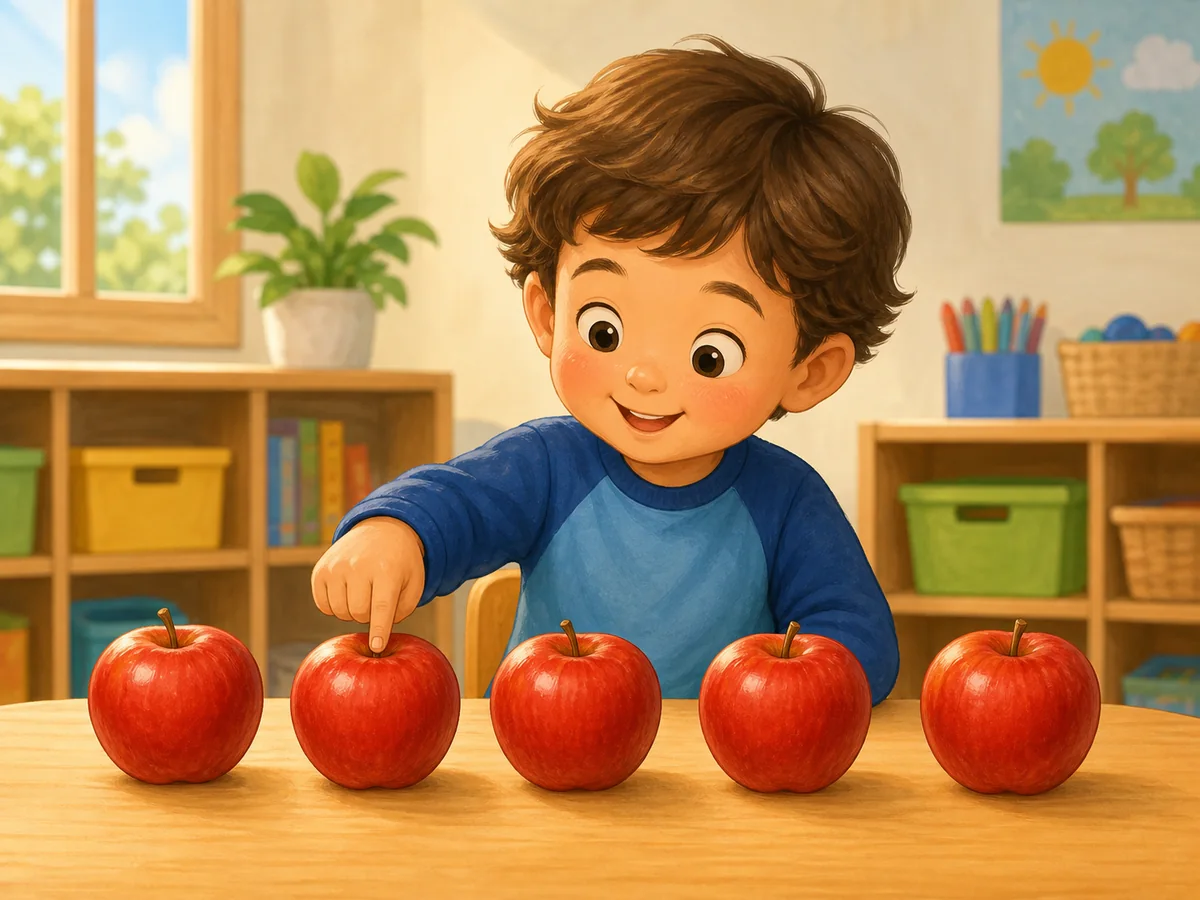 Nino contando cinco manzanas una a una