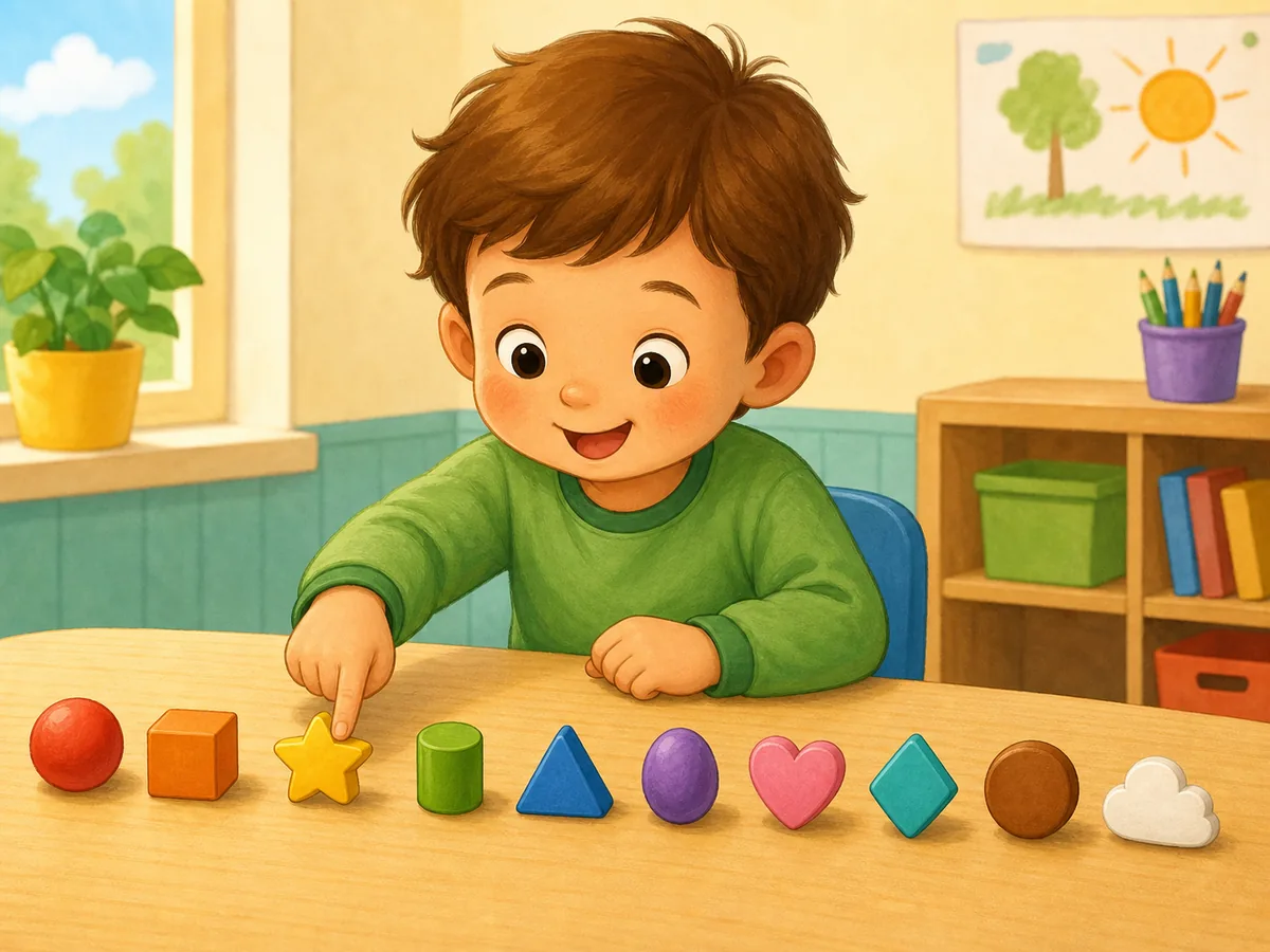 Ni&ntilde;o contando diez objetos separados en el aula
