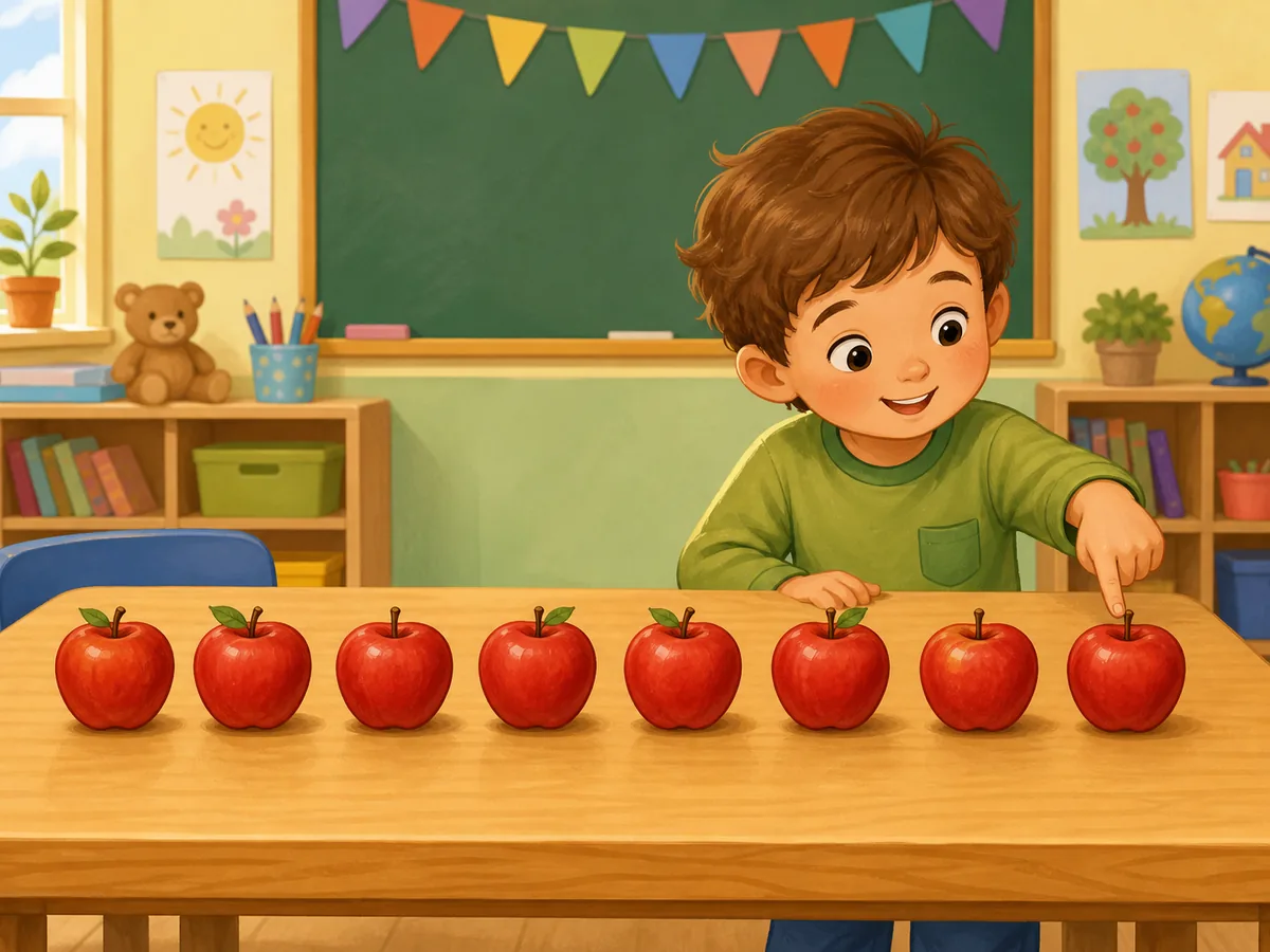 Ni&ntilde;o contando ocho manzanas en una fila