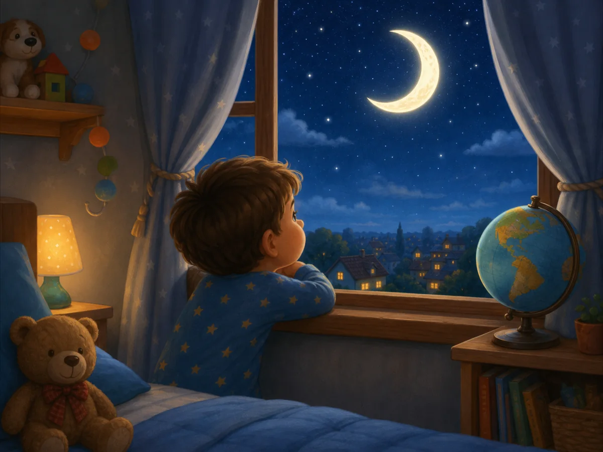 Nino observa la Luna desde su ventana por la noche