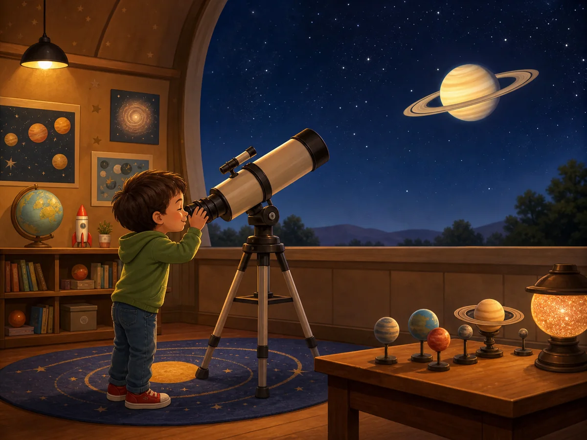 Nino observa Saturno y sus anillos con un telescopio