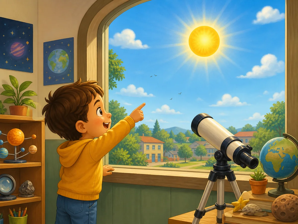 Nino senala el Sol desde el observatorio de la escuela