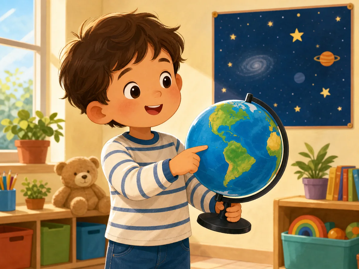 Nino senala la Tierra en un globo del aula