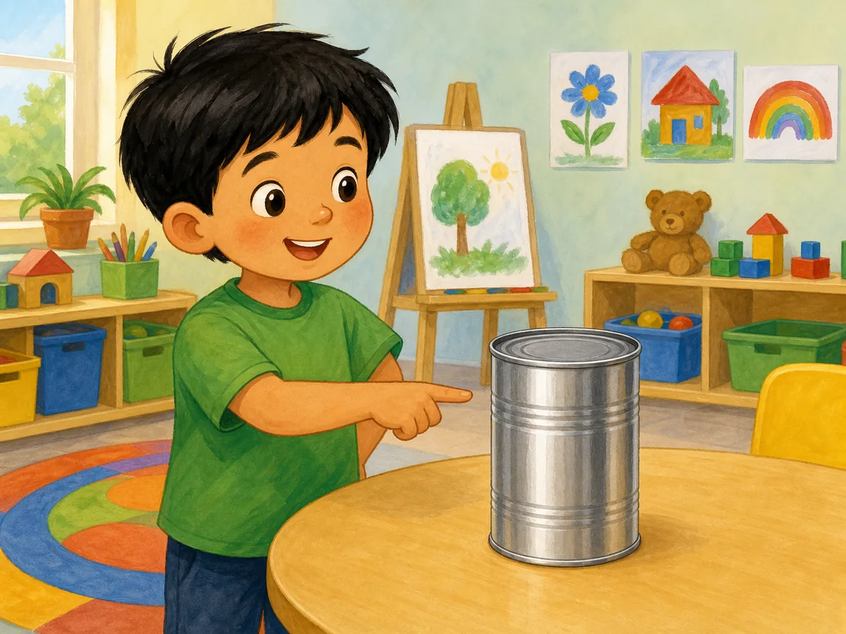 Niño señalando un cilindro metálico en una mesa