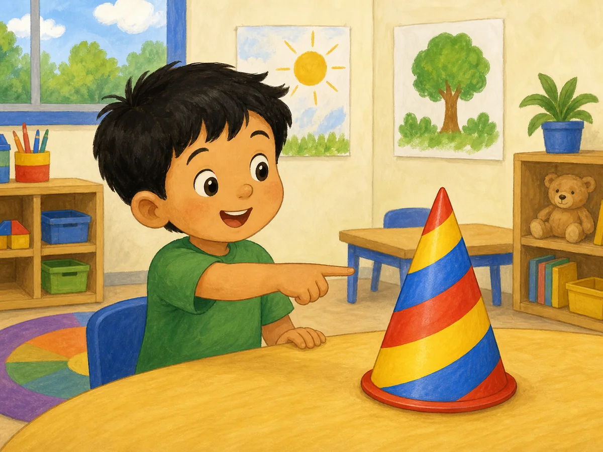 Niño señalando un cono de fiesta en el aula