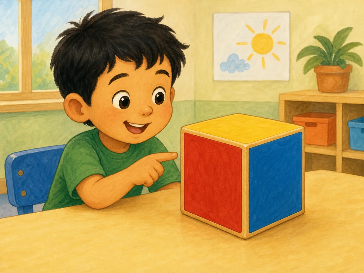 Niño señalando un cubo azul en el aula