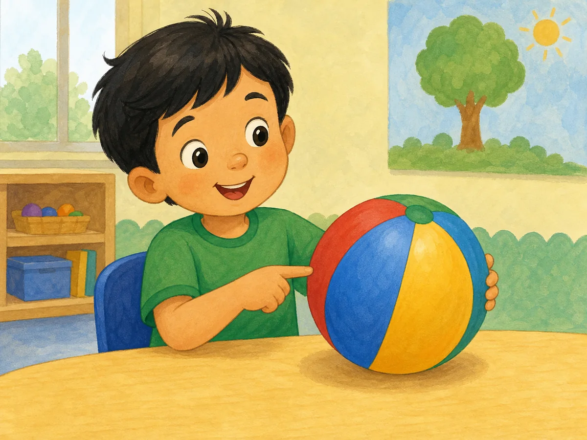 Niño señalando una pelota redonda con forma de esfera