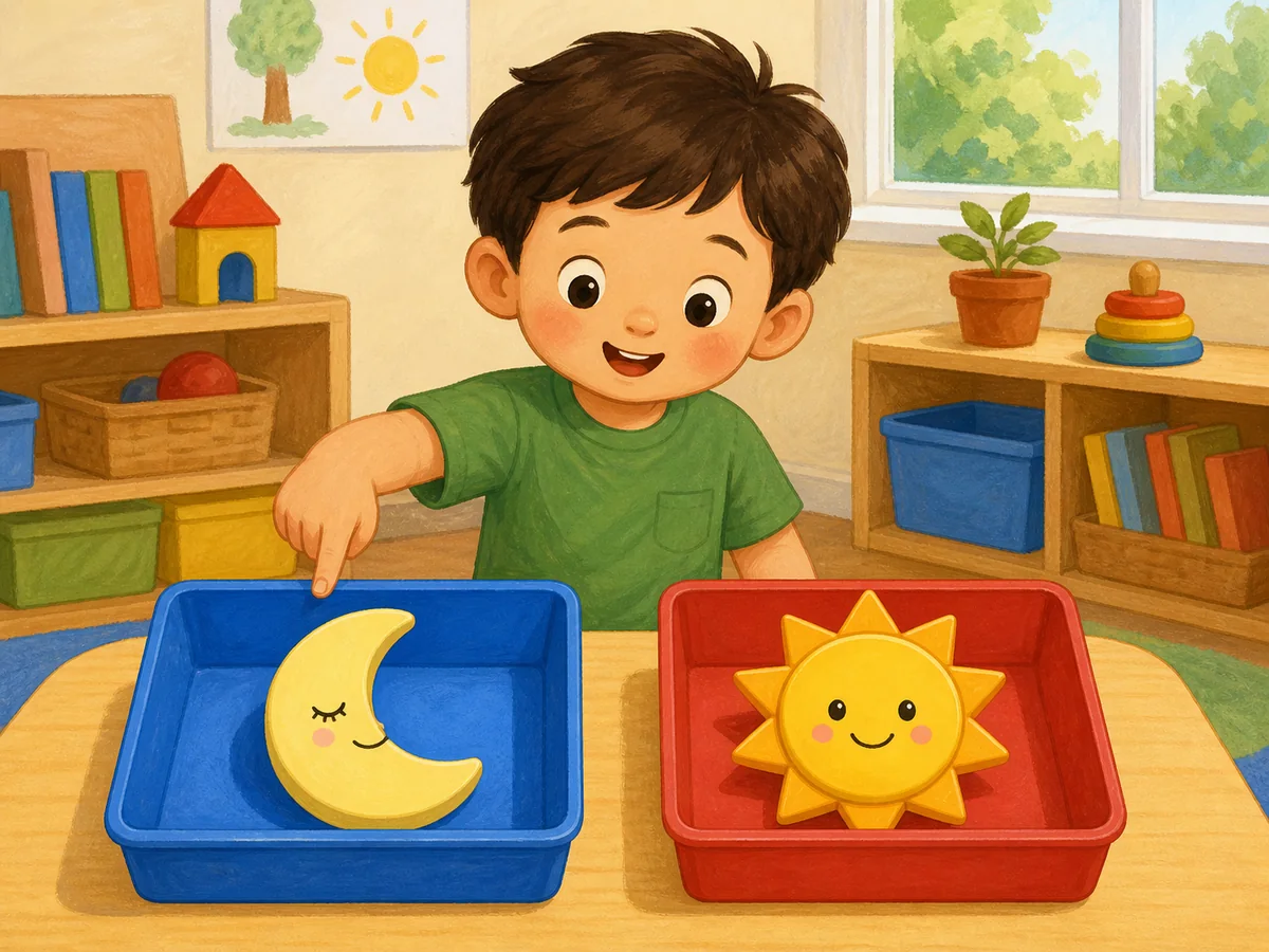 Niño clasificando una luna y un sol en bandejas