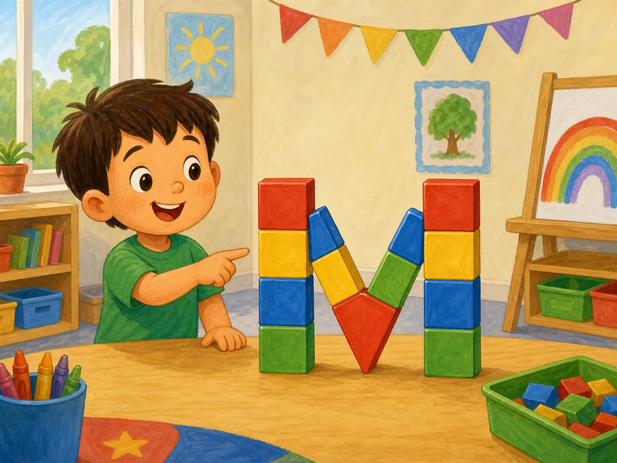 Niño señalando la letra M mayúscula hecha con bloques