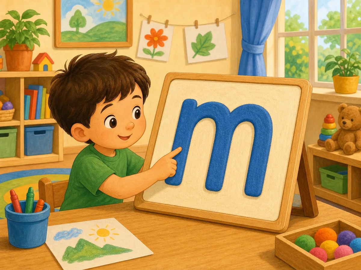 Niño siguiendo con el dedo la letra m minúscula