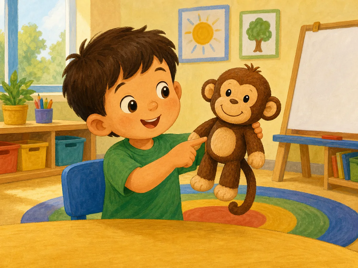 Niño señalando un mono de juguete en el aula