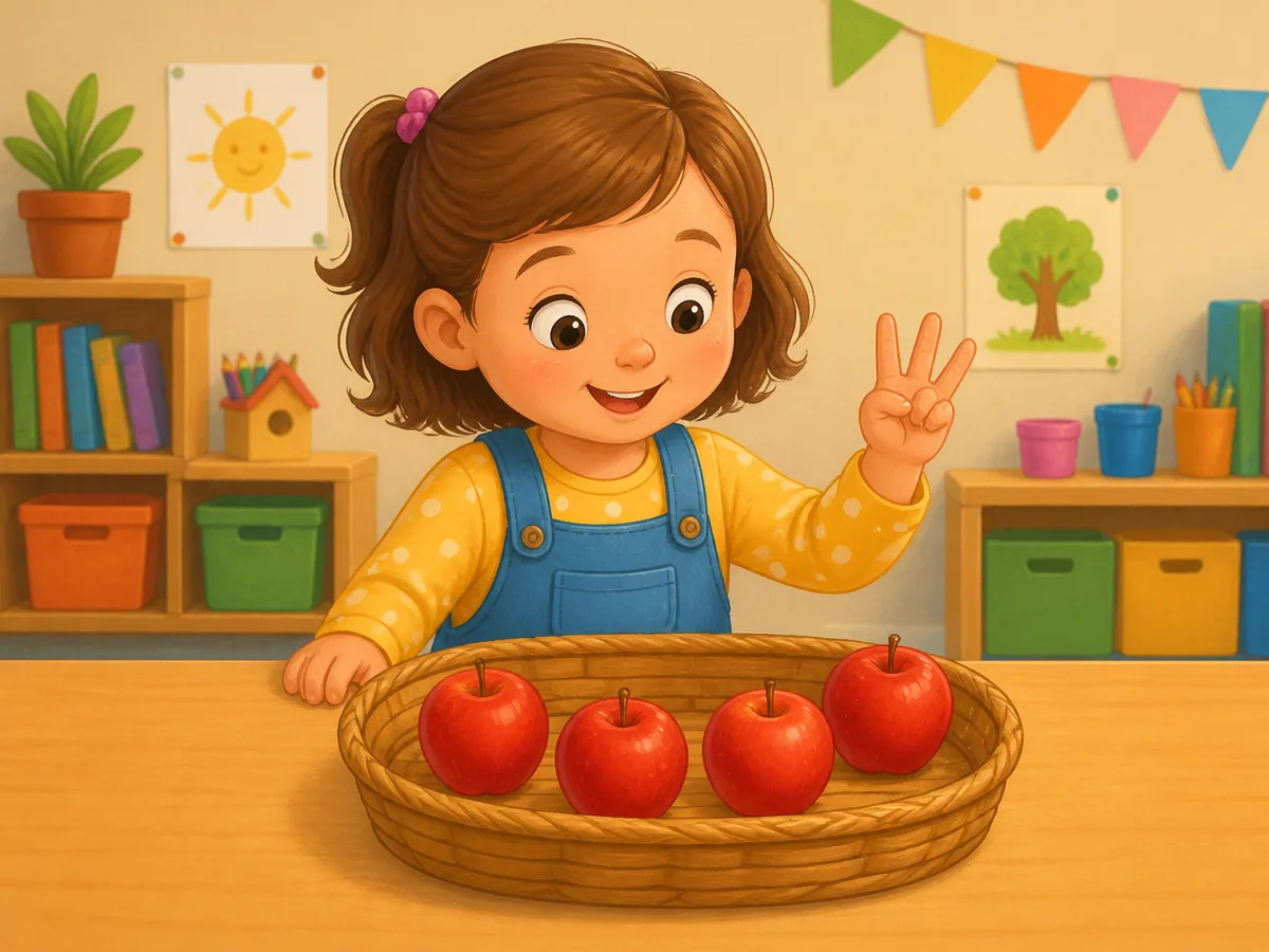 Ni&ntilde;a contando cuatro manzanas rojas