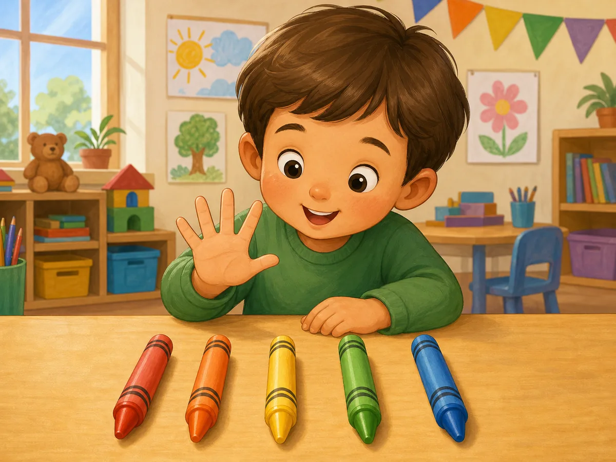 Cinco crayones de colores alineados sobre una mesa