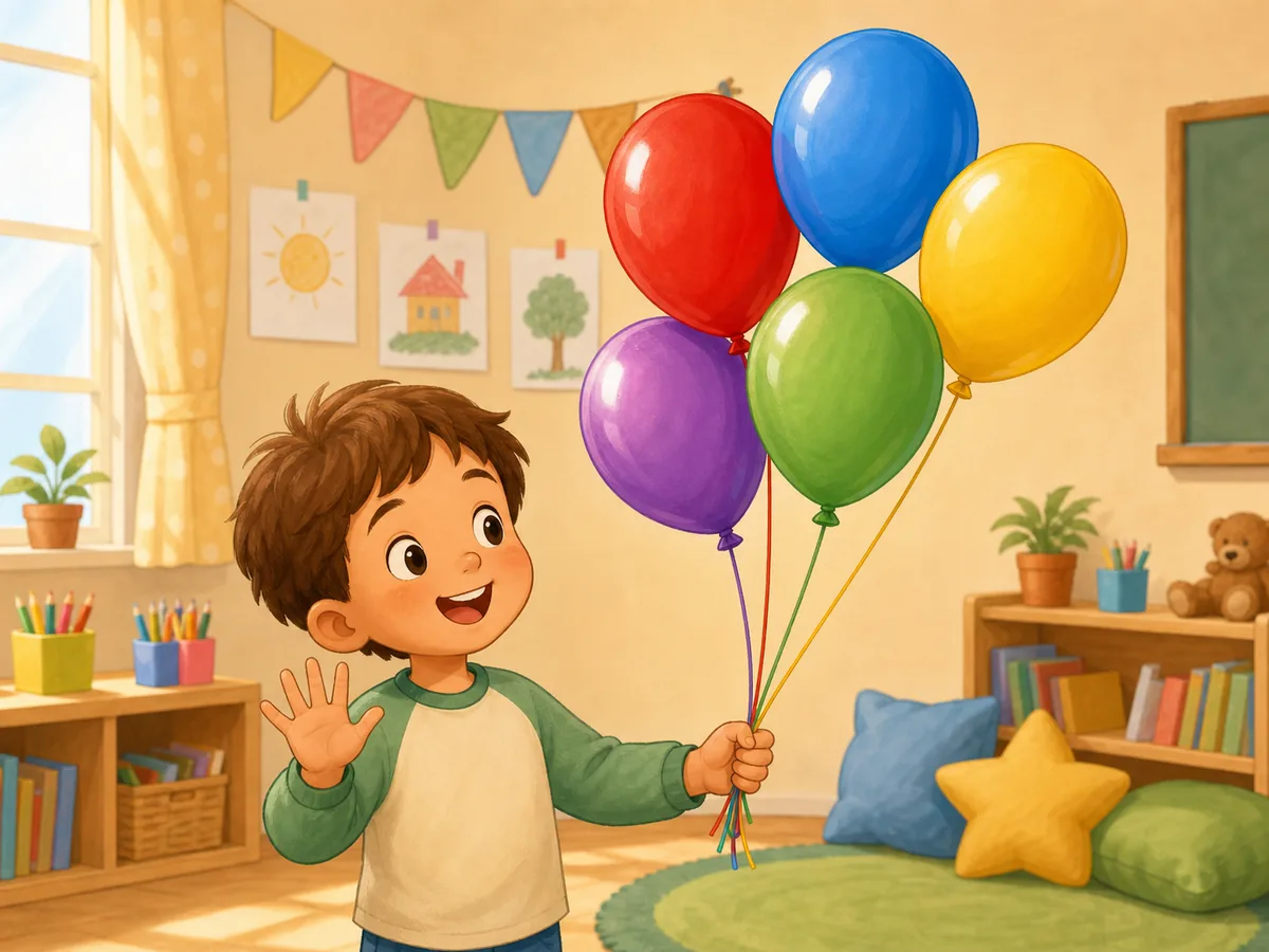 Ni&ntilde;o contando cinco globos de colores