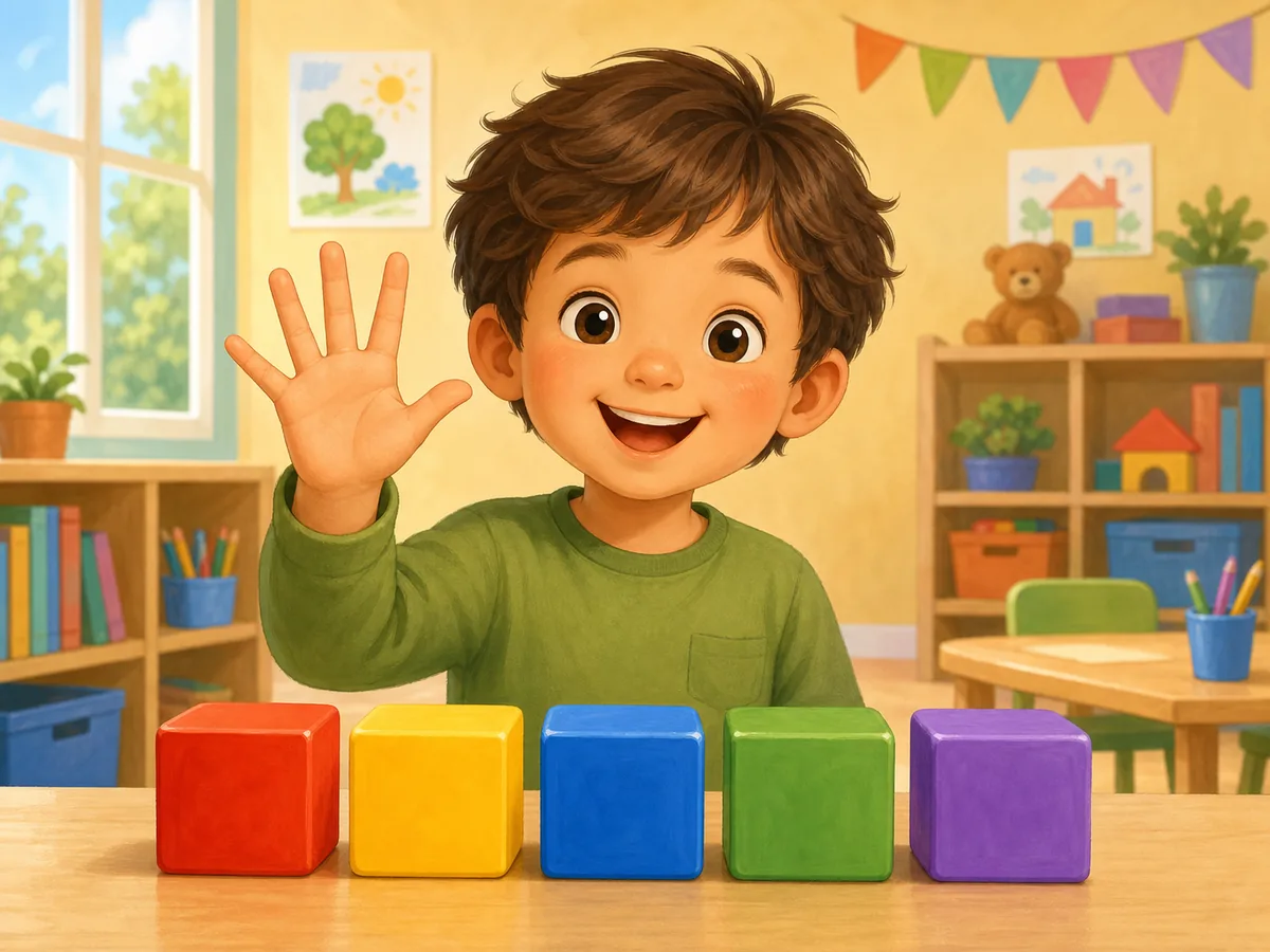 Mano mostrando cinco dedos junto a bloques de colores