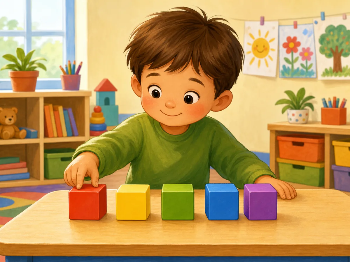 Ni&ntilde;o contando cinco bloques de colores
