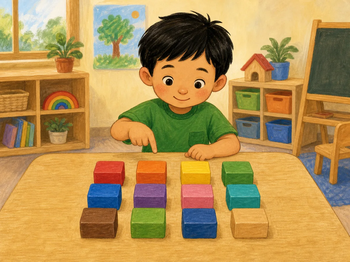 Niño contando doce bloques de colores